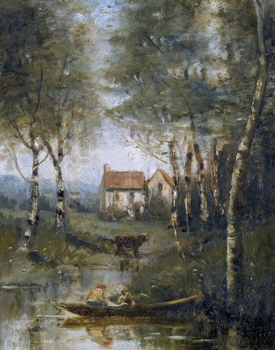 The River by Boat and the House by Jean Baptiste Camille Corot